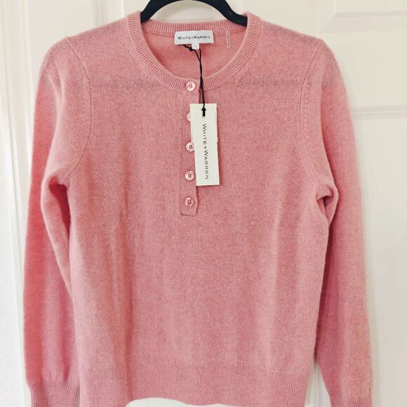NWT White + Warren Cashmere Ribbed Henley Sweater  Rose Gold - Picture 3 of 5